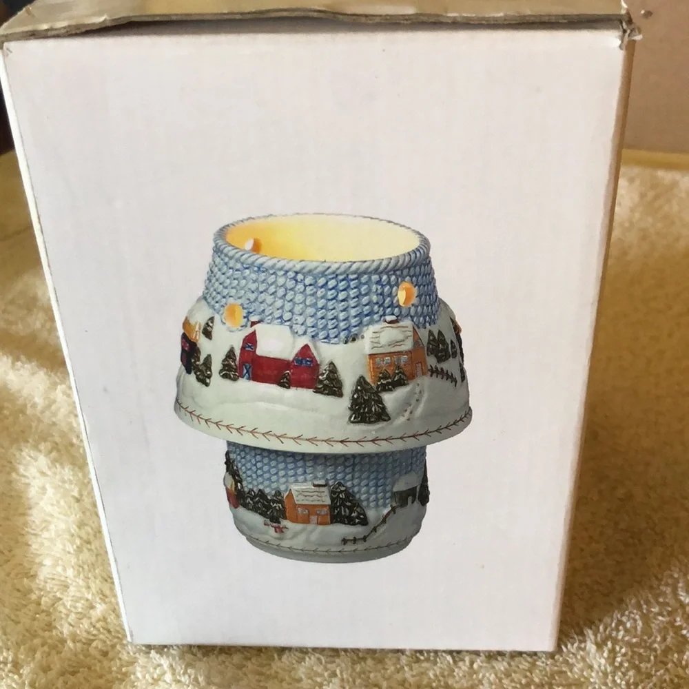 Winter Village Scene votive candle holder with shade Russ Berrie